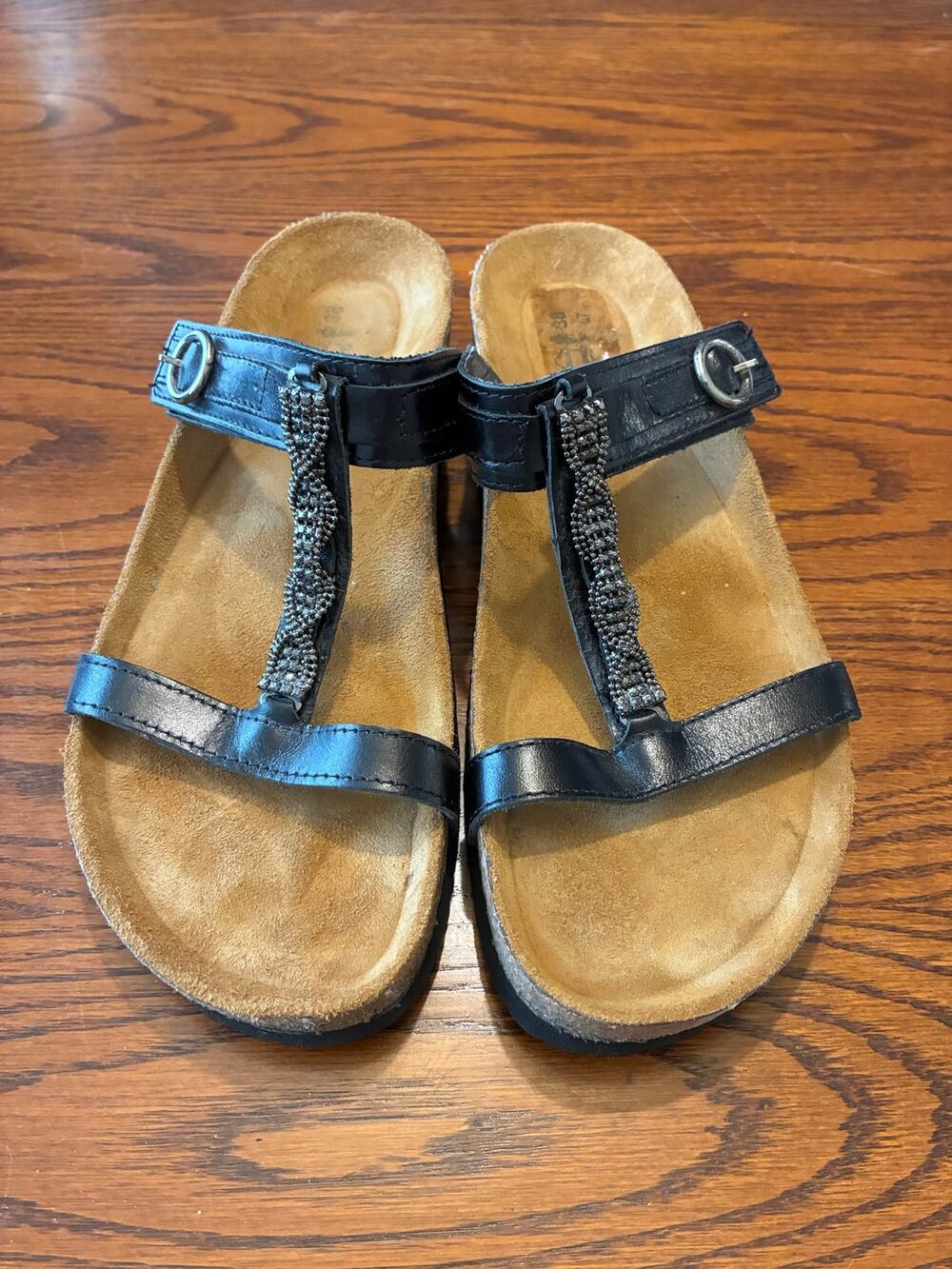 Naot Malibu Sandals Black Madras Leather T-Strap Comfort Slip On Women's 38 US7